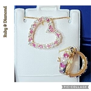 Ruby-Diamond necklace heart &  circle earrings 18k gold red & clear stones nwt